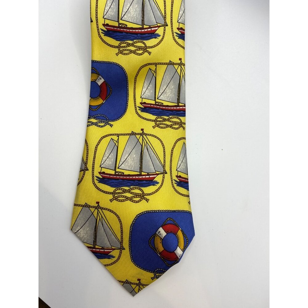 Stefanel Nautical-Themed Silk Tie Yellow W/ Sailboats & Life Rings Design